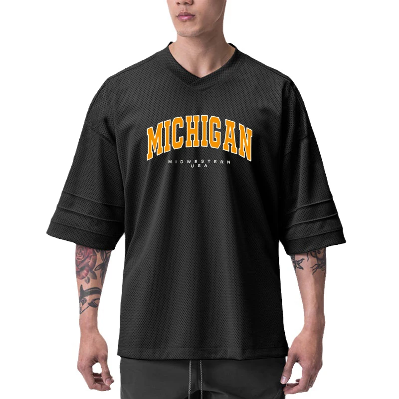 

Michigan Midwestern USA Summer Tops Oversized Half Sleeves Men Sport Mesh Loose Quick Dry Shirt Gym Bodybuilding Fitness T-shirt