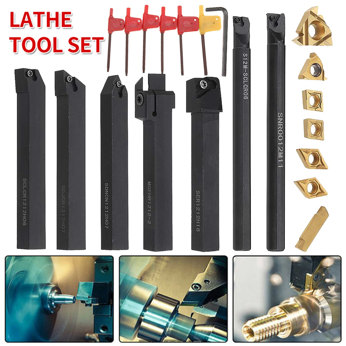 Metal Lathe Tools 8/12/16mm Shank Lathe Turning Tool Holder Boring Bar Lathe Tool Lathe Cutter Metal Turning Rod Holders Inserts