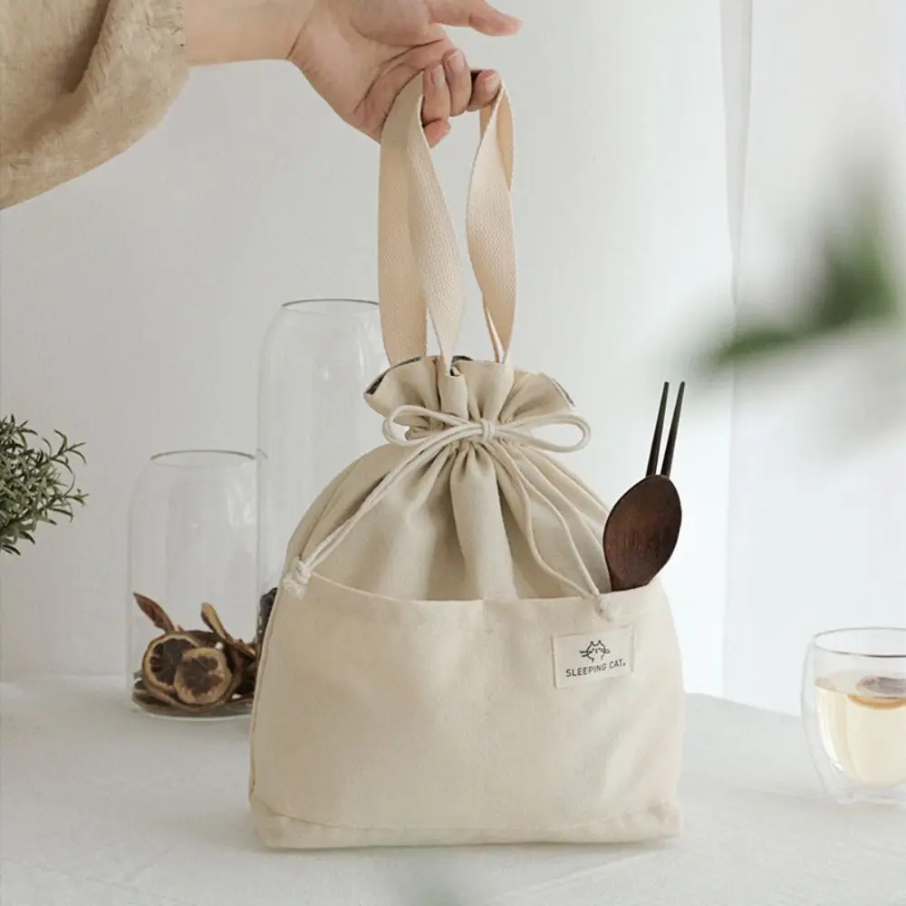 Drawstring Canvas Insulated Lunch Bag Thicken Aluminium Foil Thermal Box Tote Cooler Handbags Picnic Food Dinner Container