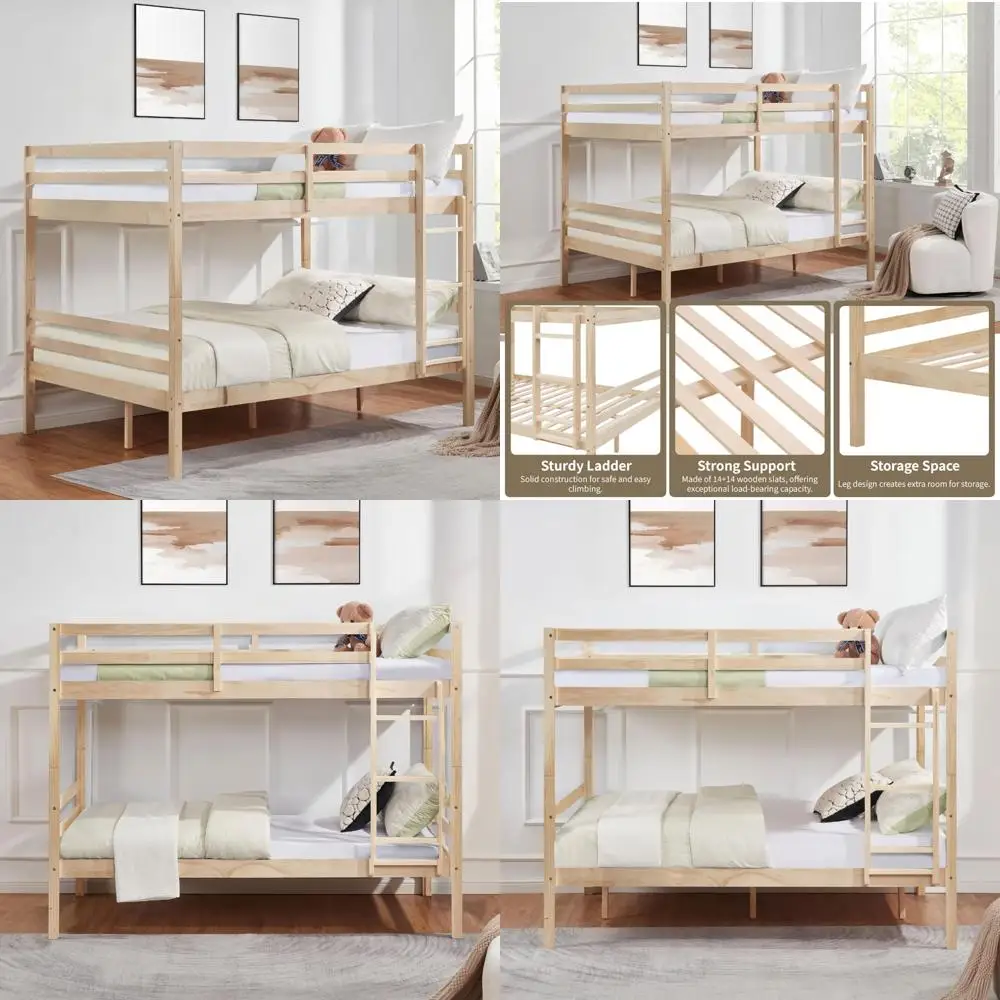 Double Decker Wooden Bunk Bed with Safety Rail and Climbing Ladder for Children, Youth, and Accommodation Spaces