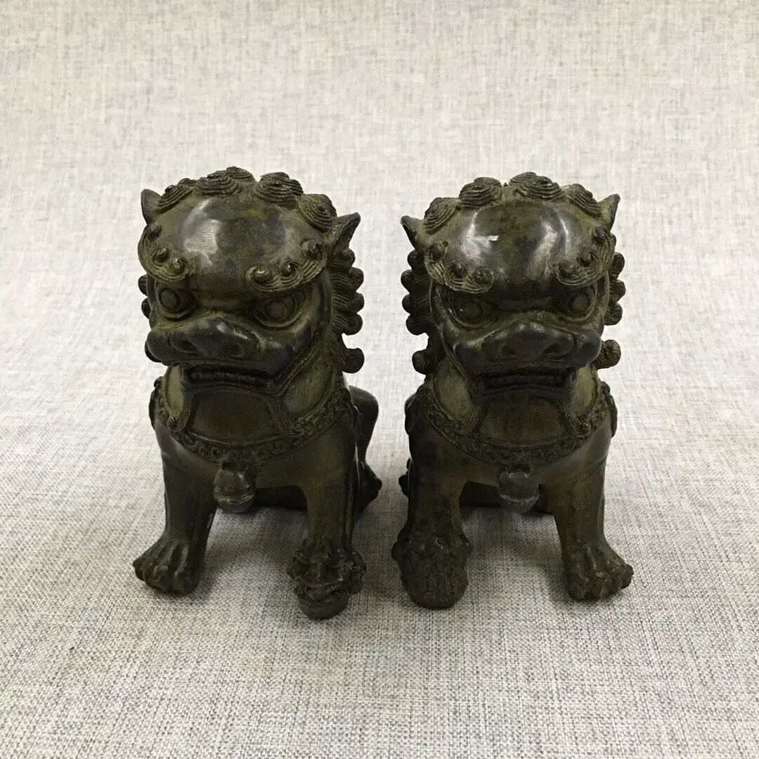 Collect China old bronze copper hand made lions statue a pair ornament