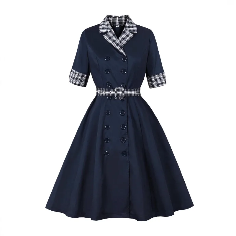 2025 neue Hepburn Vintage Kontrast Plaid Kragen Halbe Hülse Zweireiher Elegante Kleider Herbst Frauen Retro Gürtel Baumwolle Kleid