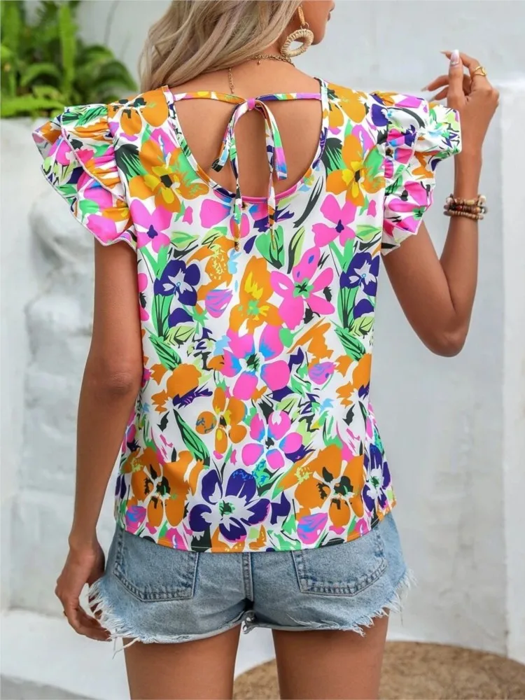 Elegant Blouses For Women Ruffle Short Sleeve Top Fashion Print Shirts & Blouses Youthful Woman Clothes Summer Trend 2024