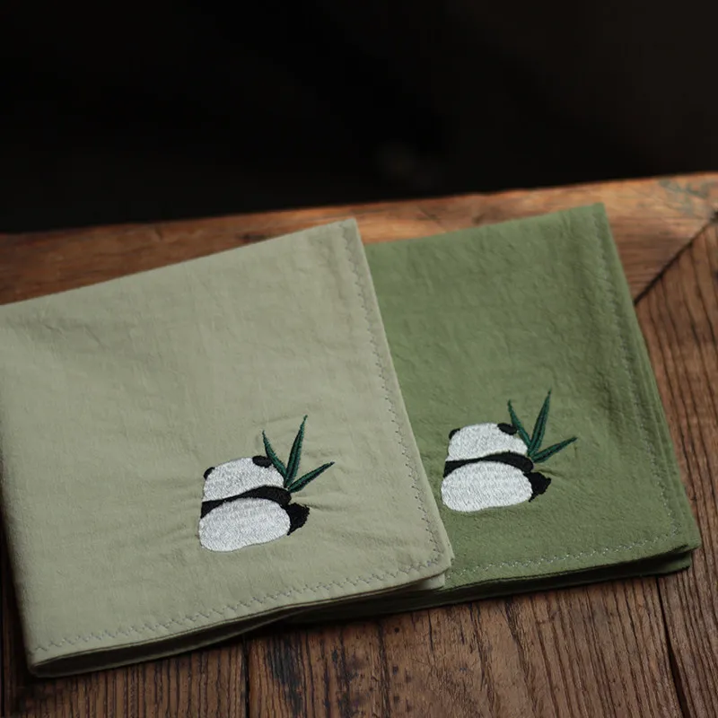 Chinese Style Cute Panda Embroidered Cotton Handkerchief Lucky Soft Sweat Absorbent Pocket Square Auspicious Gift For Travel Use