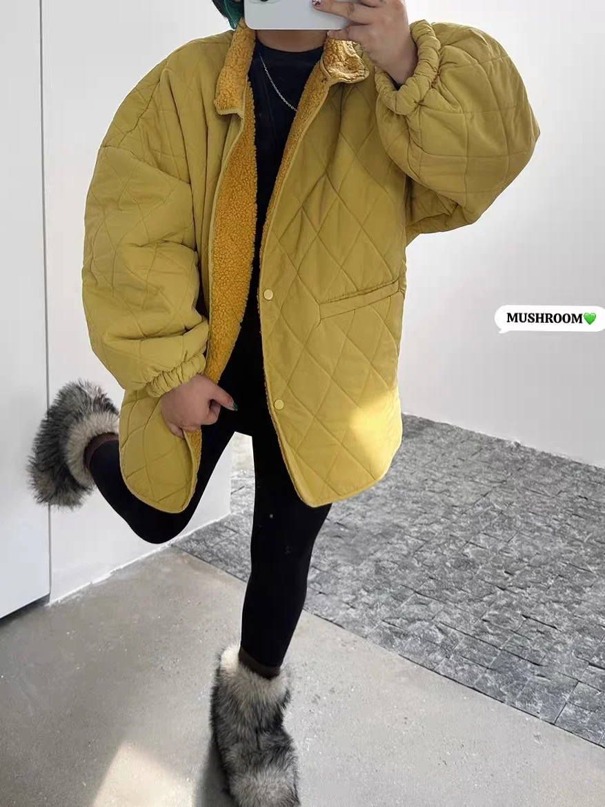 

Miss Mushroom Head 2025 Winter New Style Korean Retro Casual Cotton Jacket Women's Coat Inner Lamb Fur Diamond Pattern