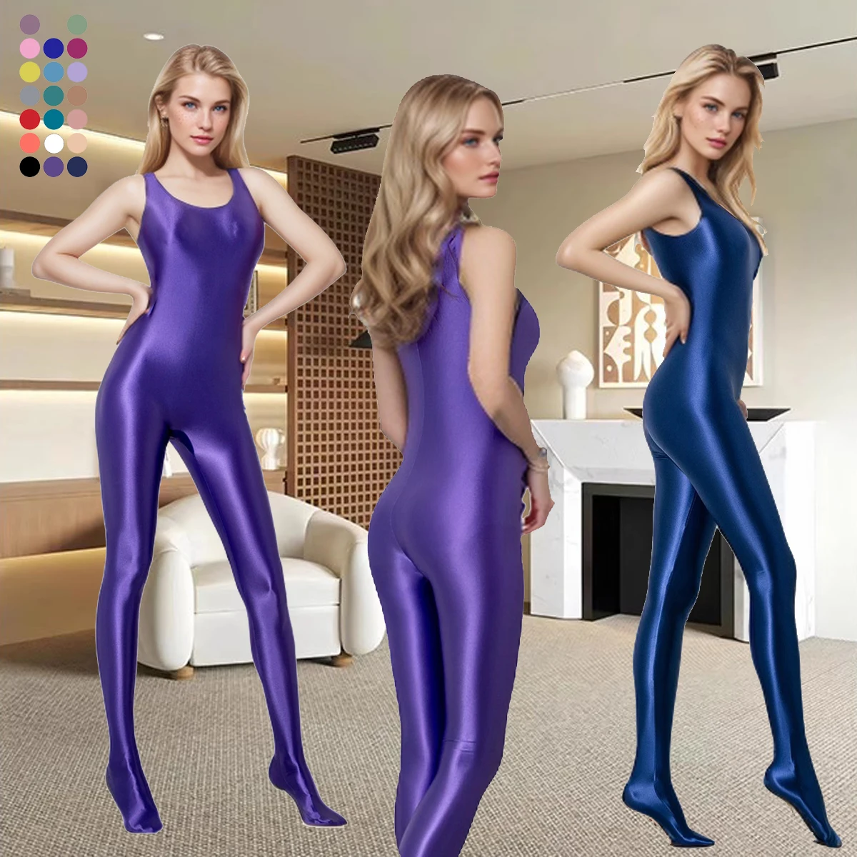 

MJINM Glossy Smooth Satin Stretch Breathable Sleeveless Bodybuilding Tight Sports Vest Jumpsuit Bodysuit Yoga Playsuit Overalls