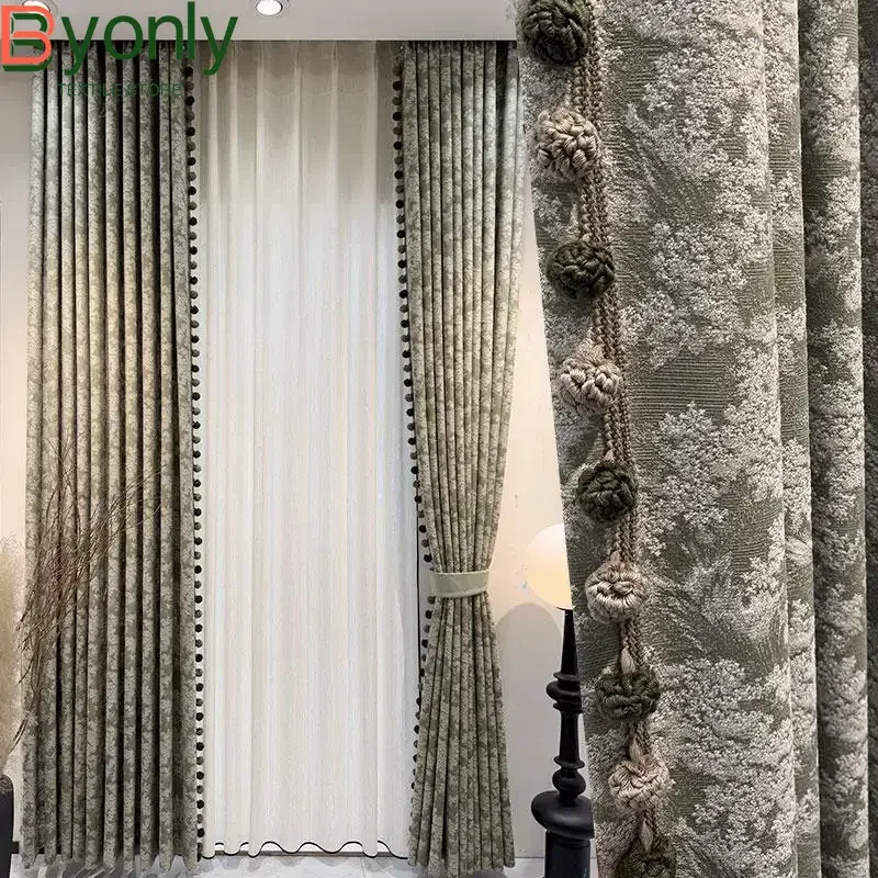 Pine Green Rose Antique Style Green Jacquard Chenille Curtains for Living Room Bedroom Floor Window Curtains Customised