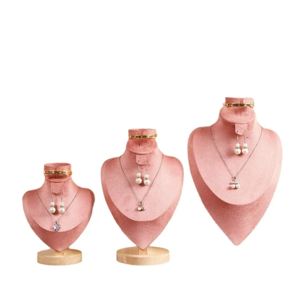 Solid Wood Jewelry Display Bust 3 In 1 Design Velvet Surface Jewelry Stand Pink Velvet Cover Human Neck Shape Jewelry Showcase