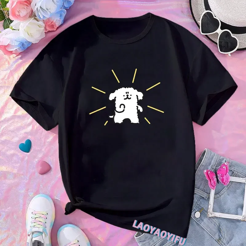 Kawaii Cartoon Dog Printed T-shirt Maltese Line Puppy Women Man Couple Cotton Shirt Girlfriend Boyfriend Birthday Gift Camisetas