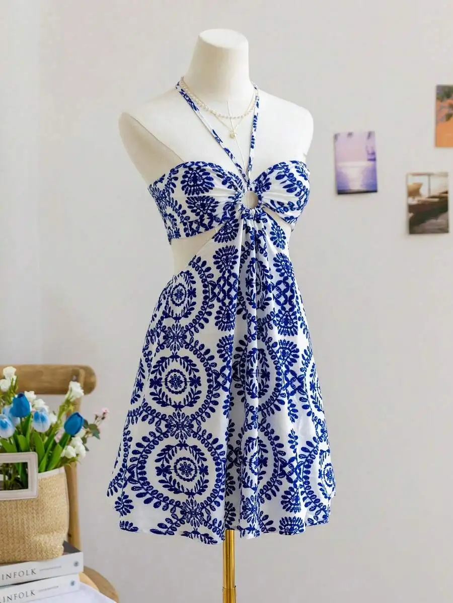 

Blue And White Floral Print Halter Neck Hollow Out Waist Cinched Women Summer Dress