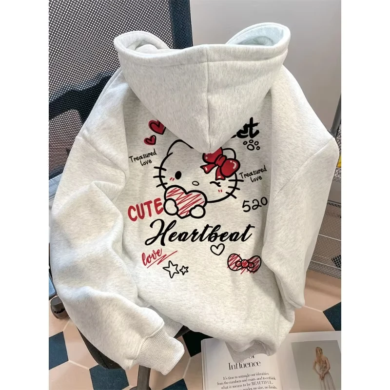

Women's Hoodies Autumn Winter Clothing Japanese Anime Cute Hello Kitty Design Print Hooded Sweatshirt Y2K Oversized Cotton Coat