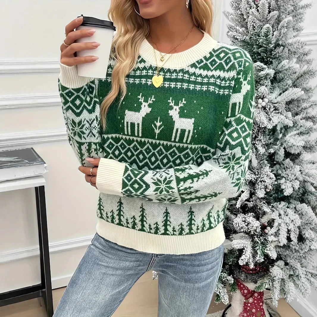 

Womens Christmas Sweater Loose Knitwear Fashion Print O Neck Long Sleeve Pullover Tops Lady Casual Holiday Party Clothing