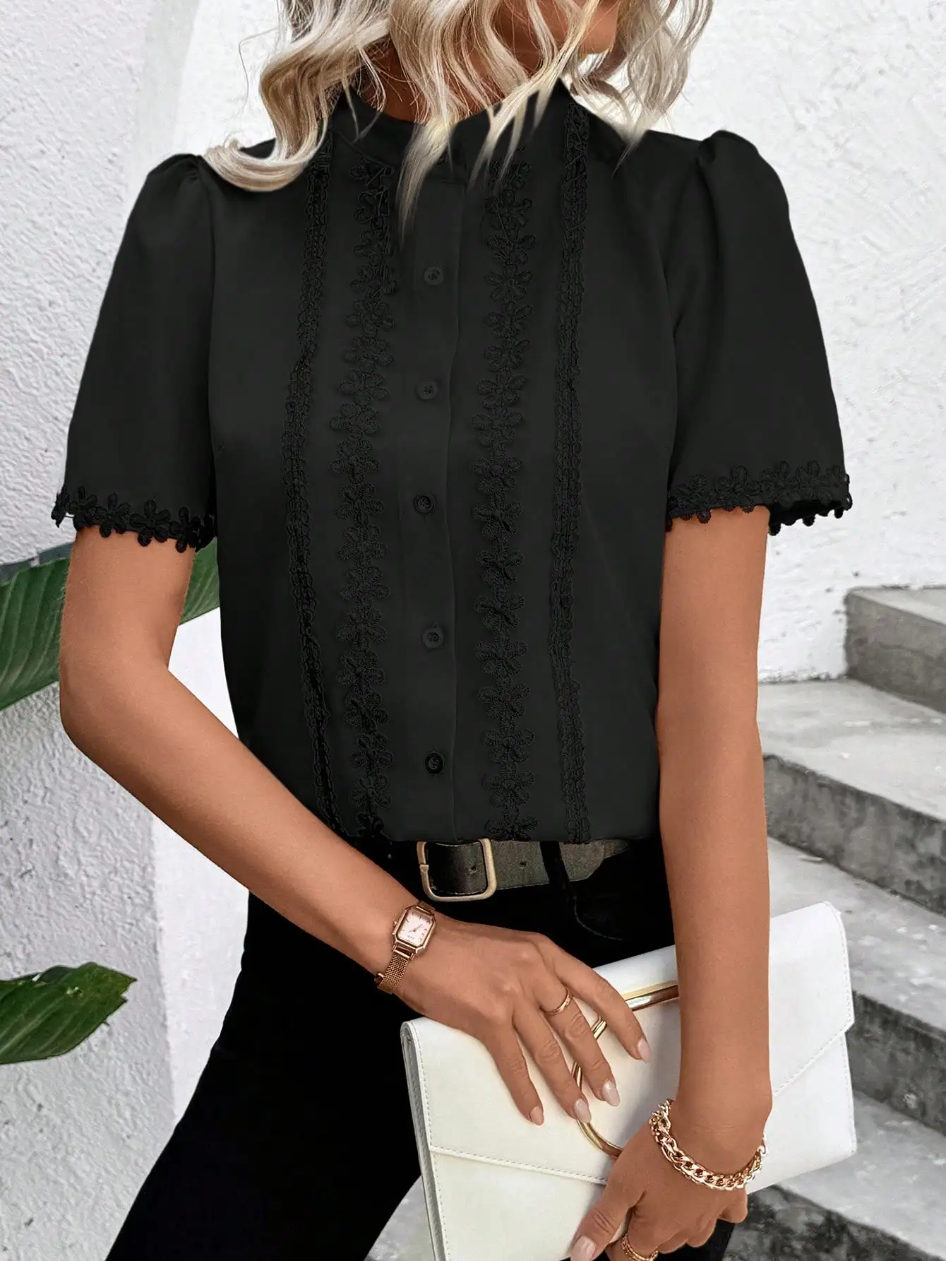 

Black Floral Lace Trim Short Sleeve Blouse For Women