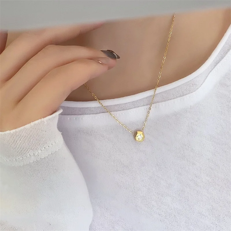 316L Stainless Steel Geometric Cut Surface Shiny Single Zircon Pendant Necklace High Quality 18K Plated Women Choker Bijoux