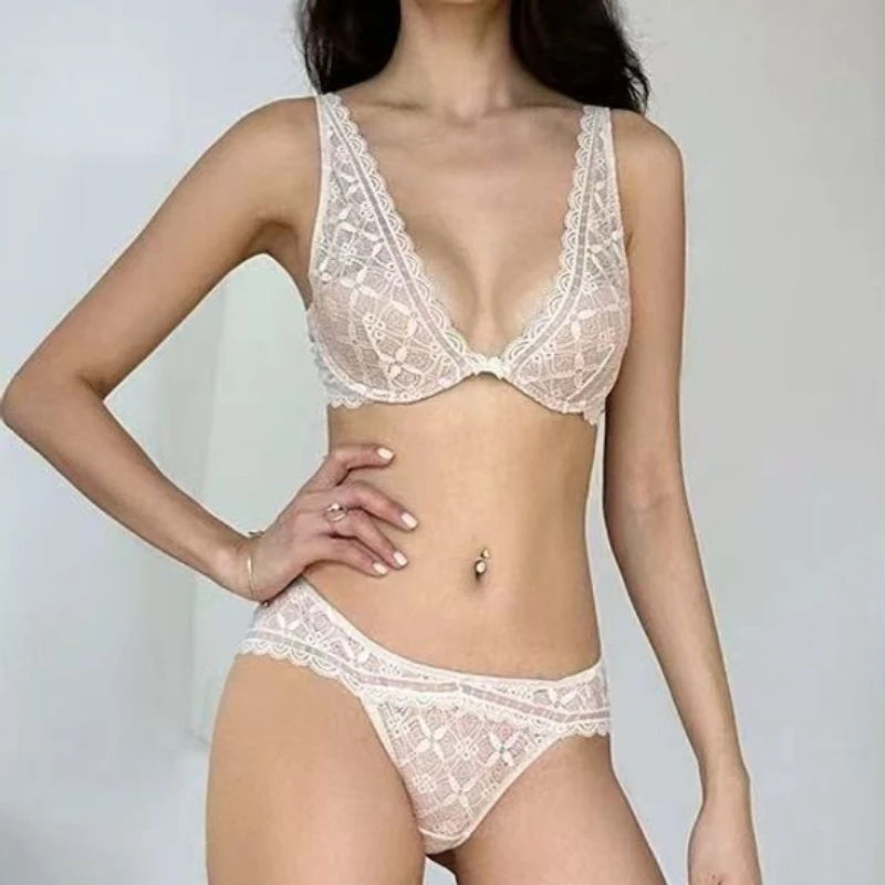 Women's Bra Set Lace Deep V Soft Steel Ring Bras+Panties Ventilate Sexy 2026 New Model Summer Underwear Sets