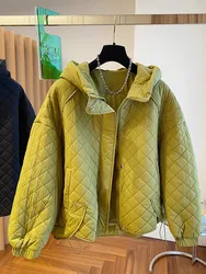 Warm Diamond Check Jacket Quilted Korean Fashion Single-Breasted Hooded Cotton Padded Coats Autumn Winter Outwear Clothes