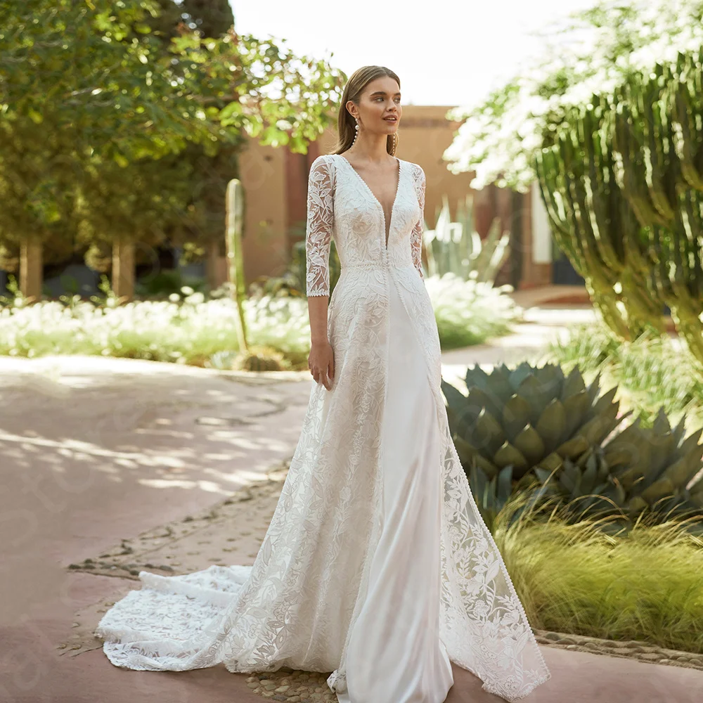 レースオーバーレイ付きのゴージャスなツーピースのウェディングドレス,Vネック,3/4スリーブ,ウェディングドレス,素晴らしいオファー,2024