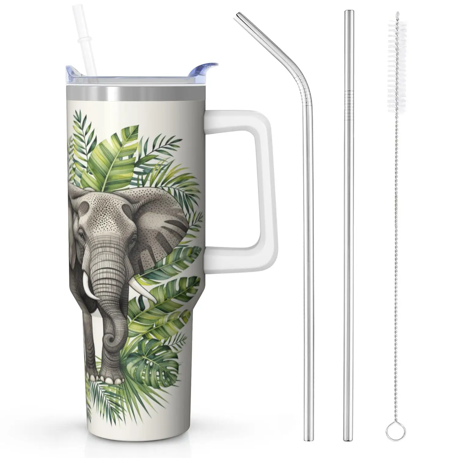 1pc Elephant Handle Cup Set with Straw, Maximum Capacity 40oz, Inner Layer 304 Stainless Steel, Outer Layer 201 Stainless Steel, Seamless Inner Liner, Lid Made of PC Material, Suitable for Home, Office, Outdoor, Sports, and Car Use