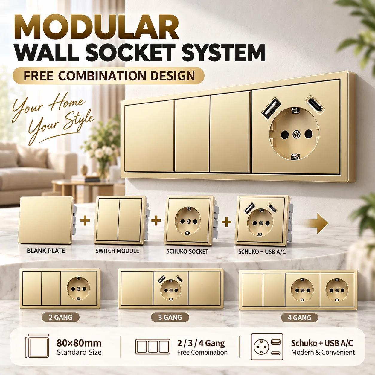 Gold Modular Schuko Wall Socket 80mm European Standard Outlet USB Type A&C Power Socket Switch Combination Home Decoration