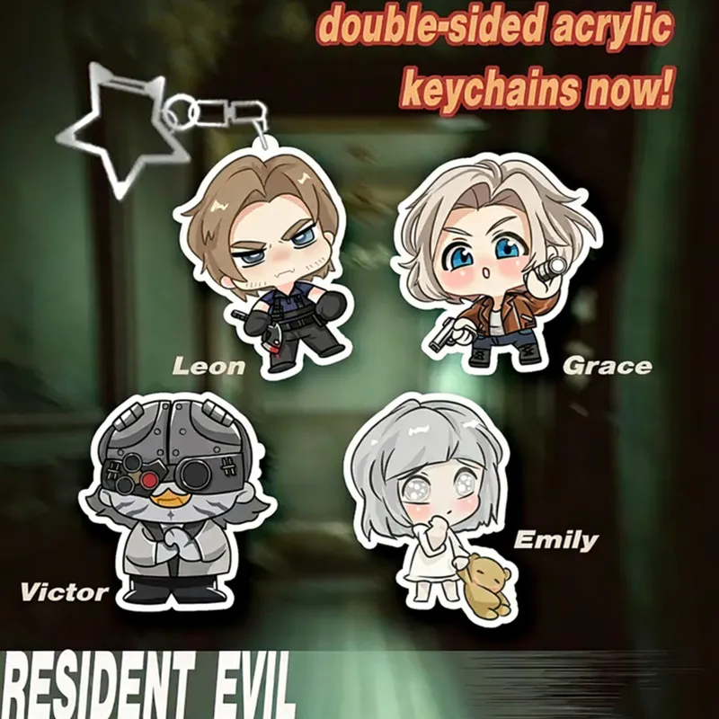Llaveros inspirados en RE9 | Abalorios Acrílicos Holográficos | Lindo colgante con los personajes Chibi Leon, Grace, Victor y Emily, ideal como adorno para bolsos o como regalo de cumpleaños.