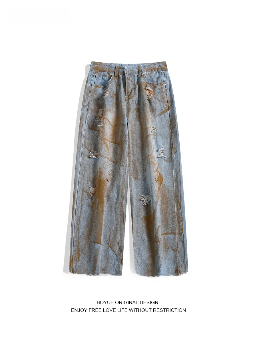 

Boyue Men's Tie-Dye Ripped Denim Jeans Trendy fiti Long Pants Casual Straight Leg Loose Fit Jeans for Teenagers