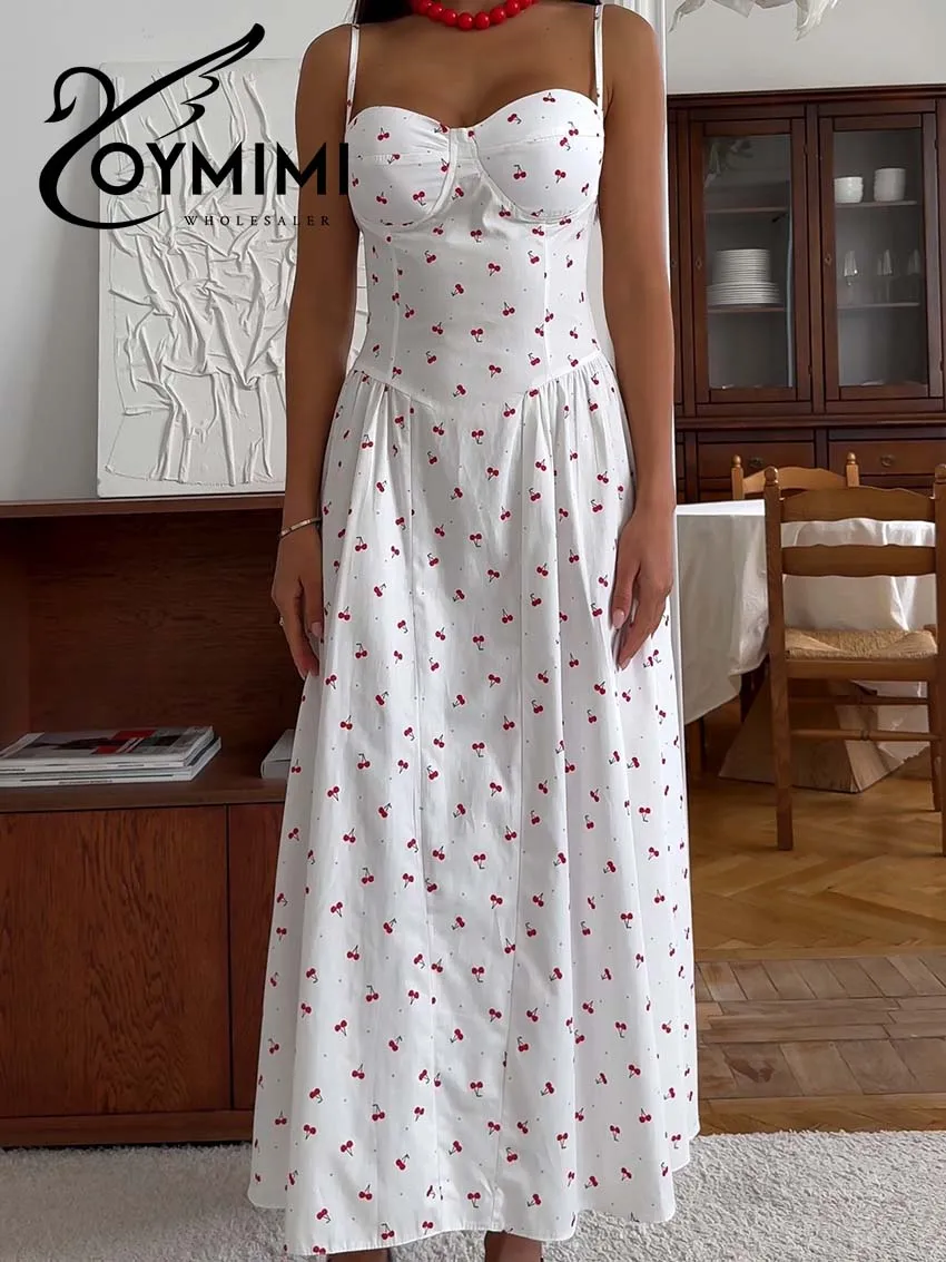 

Oymimi Casual White Print Dresses 2025 Woman Fashion Spaghetti Strap Open Back Zipper Dresses Elegant High Waist Mid-Calf Dress