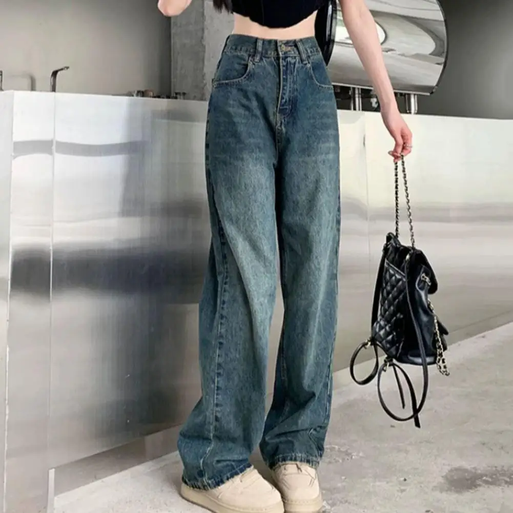 

Women Jeans High Waist Wide Leg Solid Color Loose Pockets Ripped Pockets Button Zipper Closure Straight Full Length Denim Pants