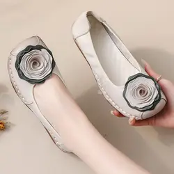 New Spring luxury cowhide leather shoes woman handmade flower flats retro wedged loafers ladies chic soft red dressy moccasins