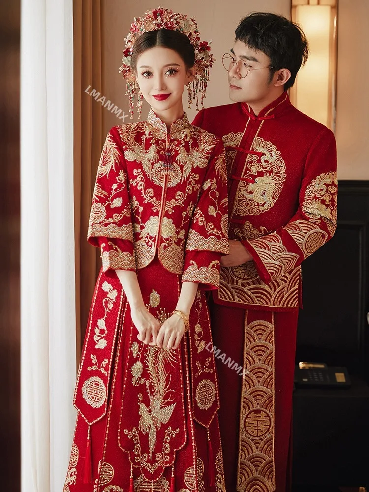 

2023 Chinese Style Bride Groom Qipao Exquisite Dragon Phoenix Embroidery Party Wedding Dress Toast Clothing