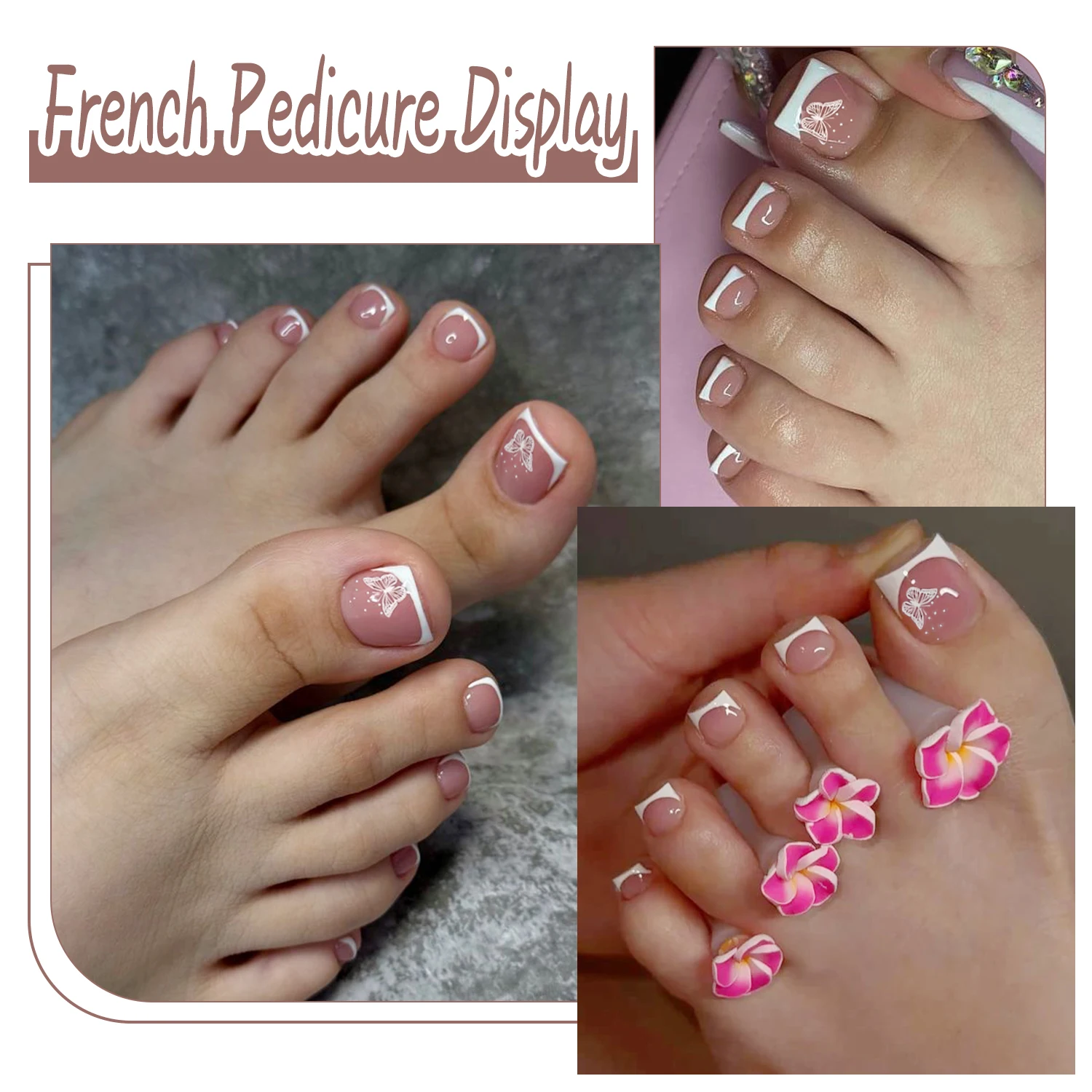 120 Stück Nude-Rosa Französische Künstliche Zehennägel Kurze Weiße Schmetterlings-French-Tips Quadratische Aufklebbare Zehennägel Sommer Strand Tägliche Fußmaniküre – Detail 9