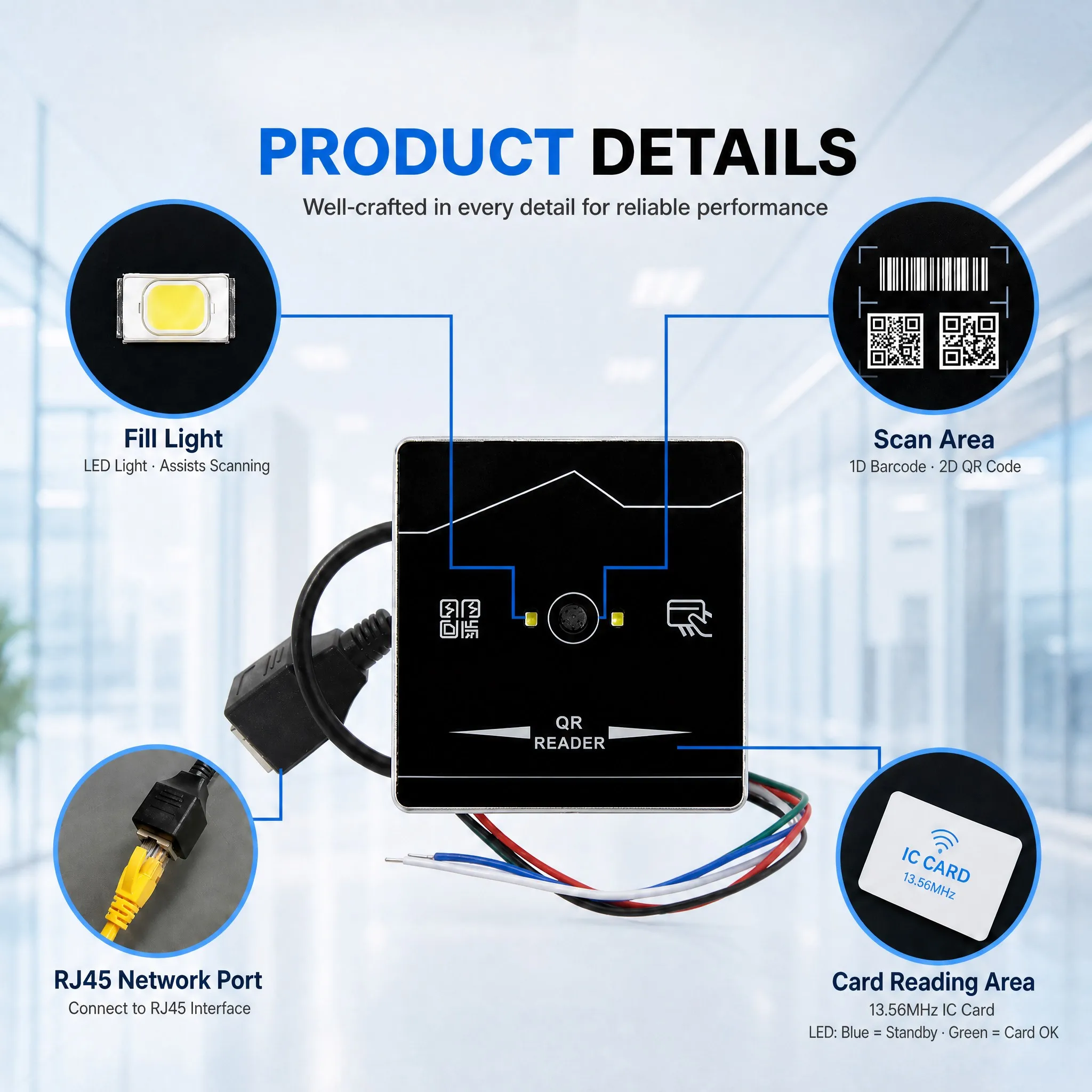 TCP/IP/HTTP RJ45 Network QR Code Reader 13.56Mhz IC QR Code Scanner Support SDK API Secondary Development and Relay Output