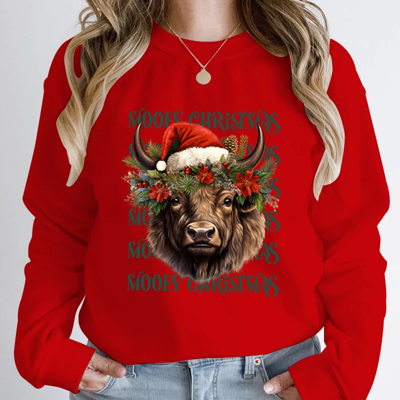 Women Fashion Creative Cow Mooey Christmas Print Pullovers For Women Funny Long Sleeve Christmas Plus Size Hoodeless Sweatshirts