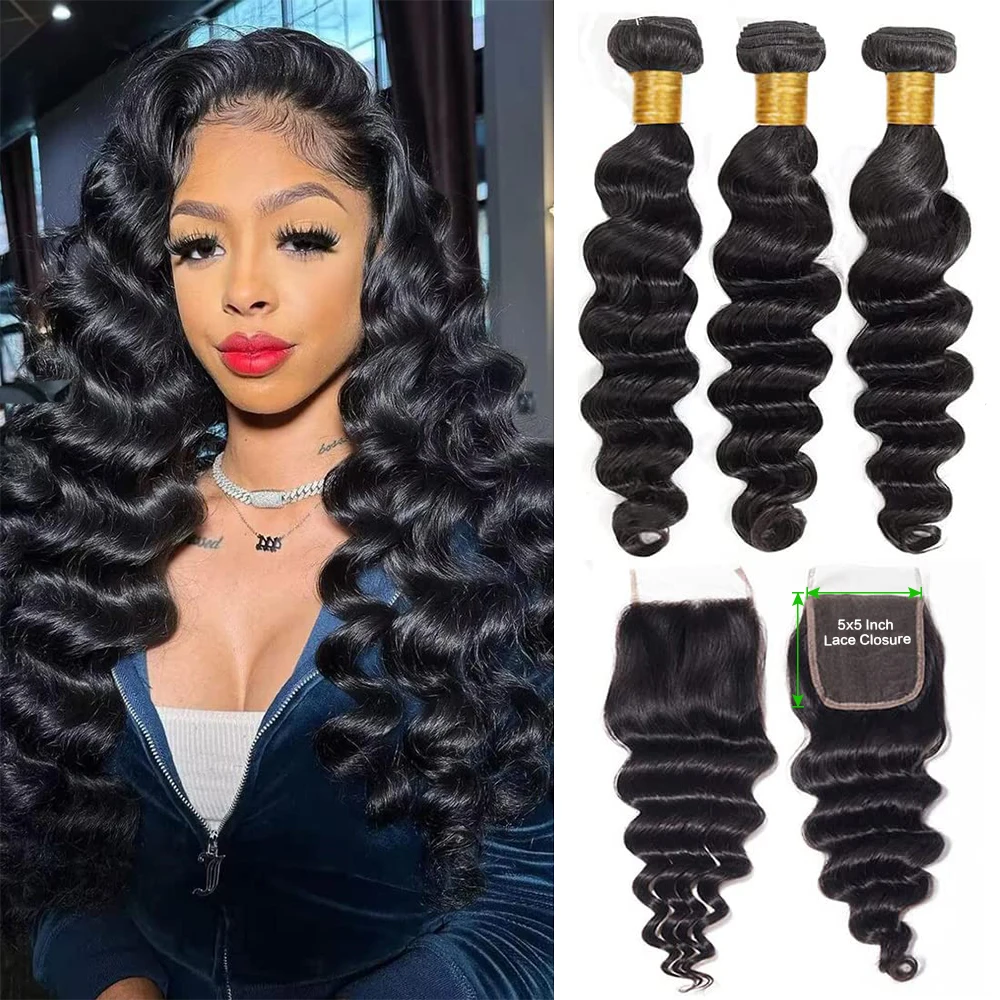 Human Hair Bundles With HD 5x5 Lace Closure Bundles 100% Human Hair Extensions Loose Deep Wave Weave Bundles With Lace Frontal