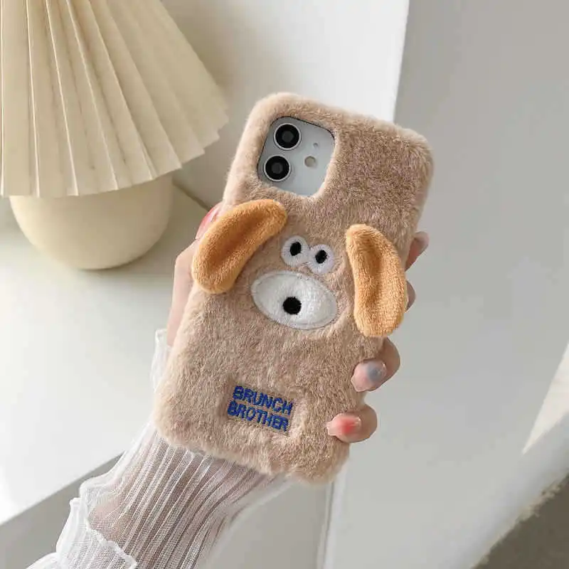 Cute Furry Fur Big Ears Dog 13 14 Pro Max iPhone Case For 11 12 Plus Autumn and Winter Warm XR XS X Apple Soft 7 8 Cover