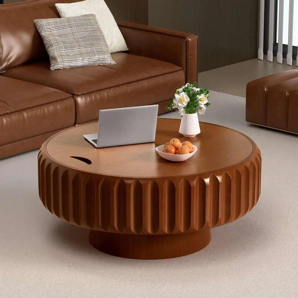 

Винтажный круглый деревянный кофейный столик диаметром 31,5 дюйма с местом для хранения - ручная работа, рельефный шпон