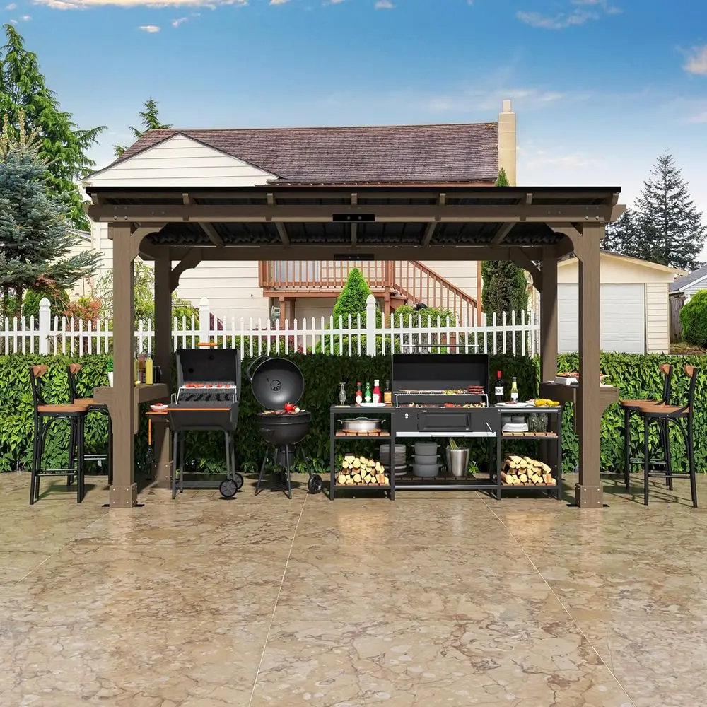 

6’x13’ BBQ Grill Gazebo Shelter with Galvanized Steel Roo, Cee, Patio Gazebo or Barbecue, Backyard, Garden, Light Mocha Brown