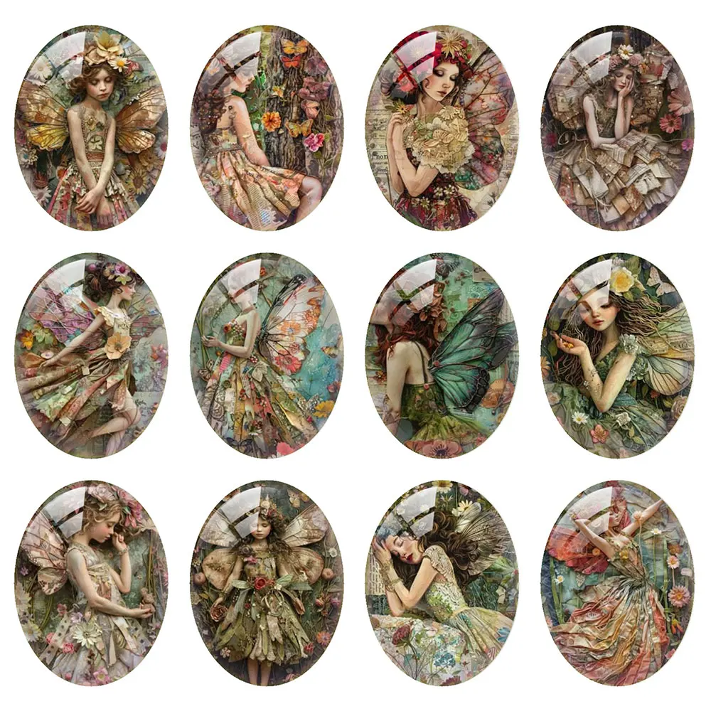 Random Mixed Round/Oval/Square Retro Forest Green Fairy Flower Photo Glass Cabochon Flatback Demo Cameo For Diy Jewelry Making