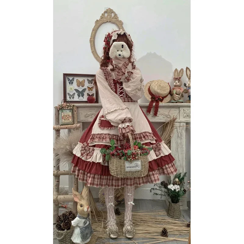 Japanese Anime Lolita Princess Elf Dress Berry Girls Bow Plaid Palace Cosplay Costumes Carnival Party Comics Performance Outfits