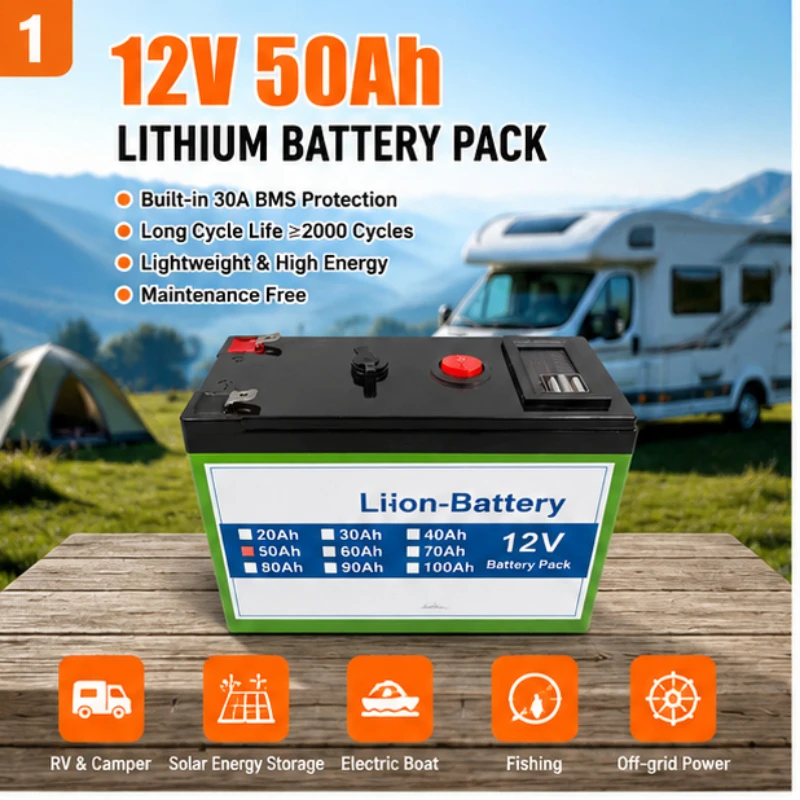 12V 50Ah Lithium Battery Pack Rechargeable Deep Cycle Battery with 30A BMS for Solar System RV Camping Energy Storage Battery