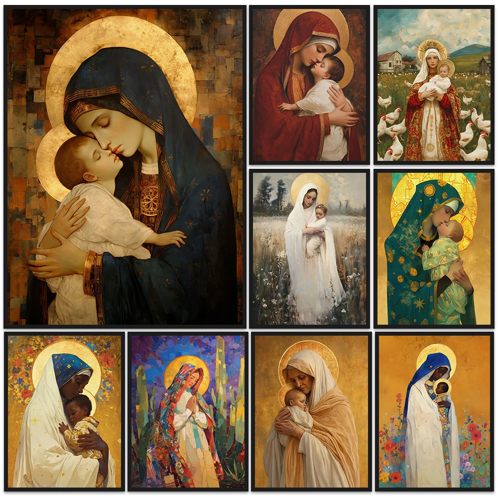 Madonna And Child Portrait Wall Art Canvas Painting,Mary, Mother Of God Divine Mother Poster Print Catholic Art Home Decor