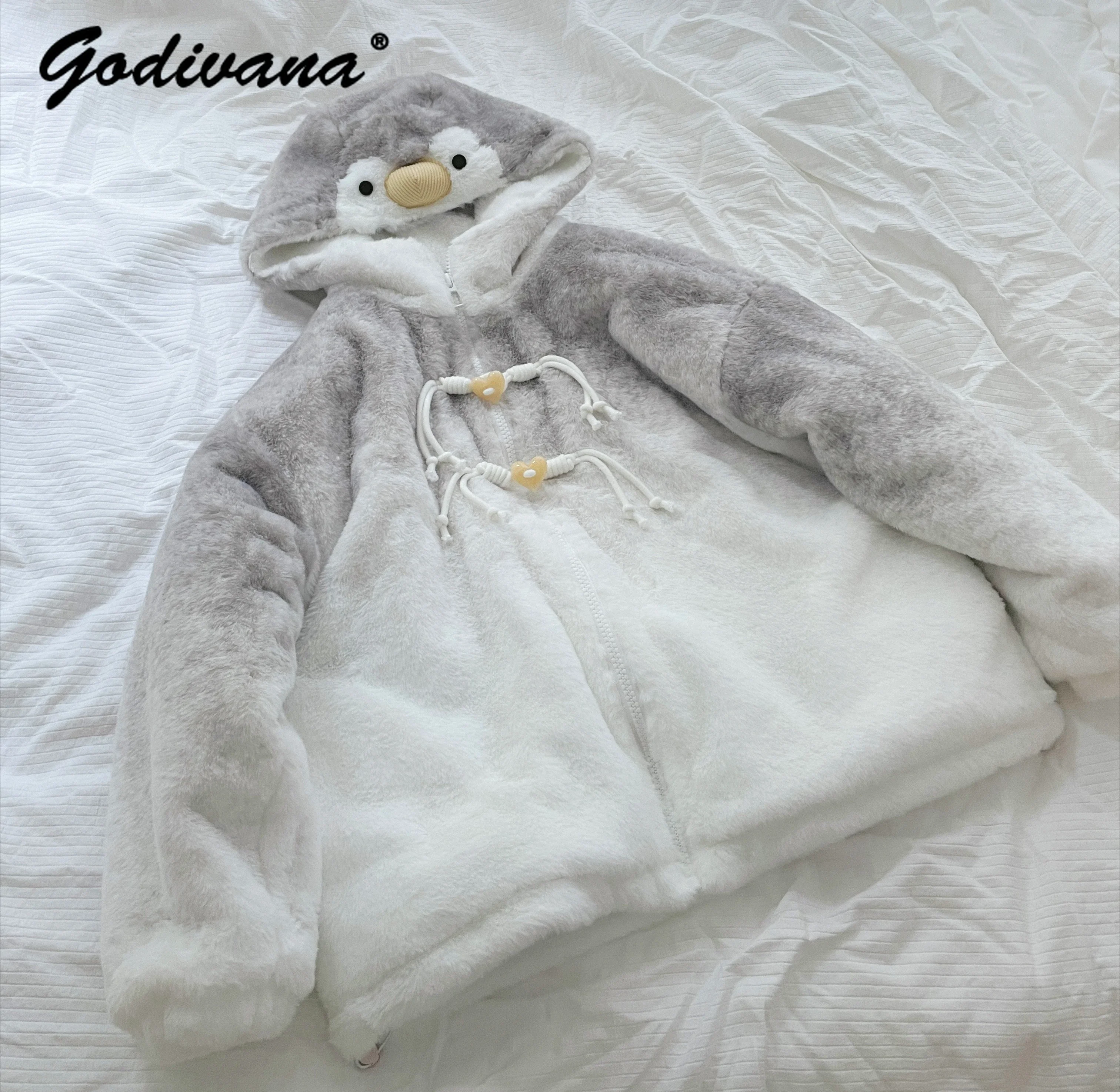 Original Design New Winter Kawaii Girls Penguin Hooded Thickened Plush Jacket Gradual Grey Female Cute Warm Fleece Coat Outwear