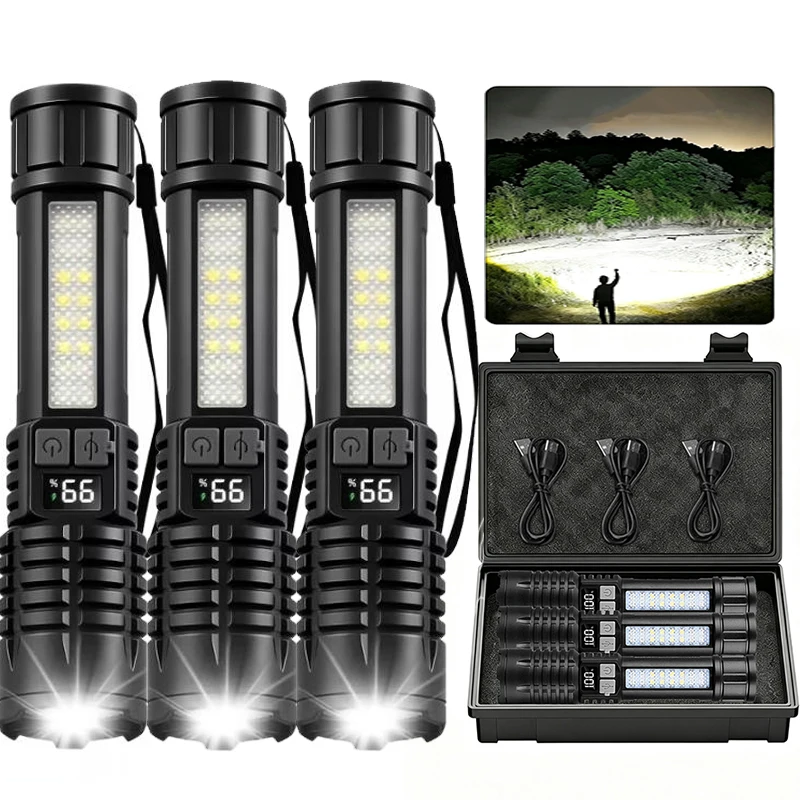 1/2/3 Pack LED Flashlight High Power Type-C Rechargeable Torch Zoomable Light for Outdoor Camping Hiking Lamp Emergency Lantern