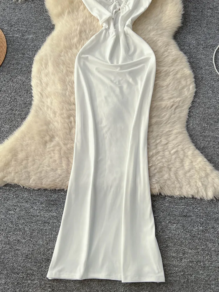 กระโปรงทรงเอเอวสูงผ้าเนลีนสีขาวแบบผูกไหล่ ดีไซน์เกาหลี สำหรับผู้หญิง ใส่ทำงานได้ ใส่สบายช่วงฤดูร้อน