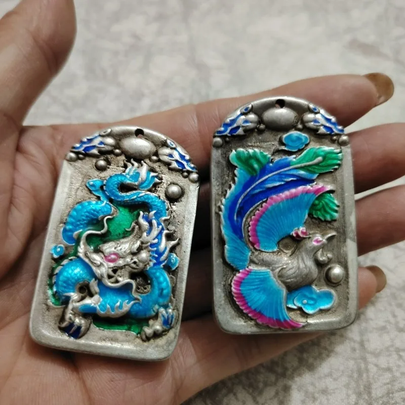 Vintage Collected Old Silver Dragon Phoenix Pendant, Turquoise Inlaid Plain Peace Plaque Retro Ethnic Necklace Jewelry