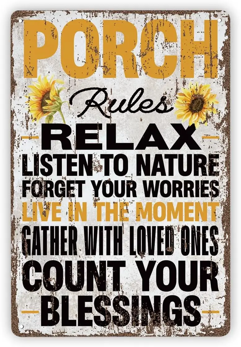Vintage Metal Tin Signs, Porch Rules Metal Sign, Sunflower Wall Art, Farmhouse Wall Sign, Porch Decor Gift, Fun Backyard Decor,