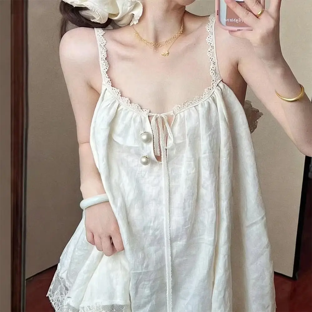 French Style Lace Trim Lace Camisole Dress Suspenders Bow Detail Nightgown Loose Fit Night Skirts Homewear - view 5