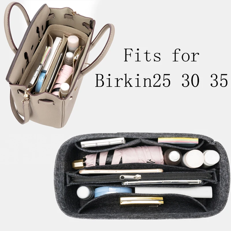 Organizador de maquillaje para mujer, bolsa de inserto de tela de fieltro, bolsa de cosméticos de viaje multifuncional, ajuste H-Birkin25 30 35