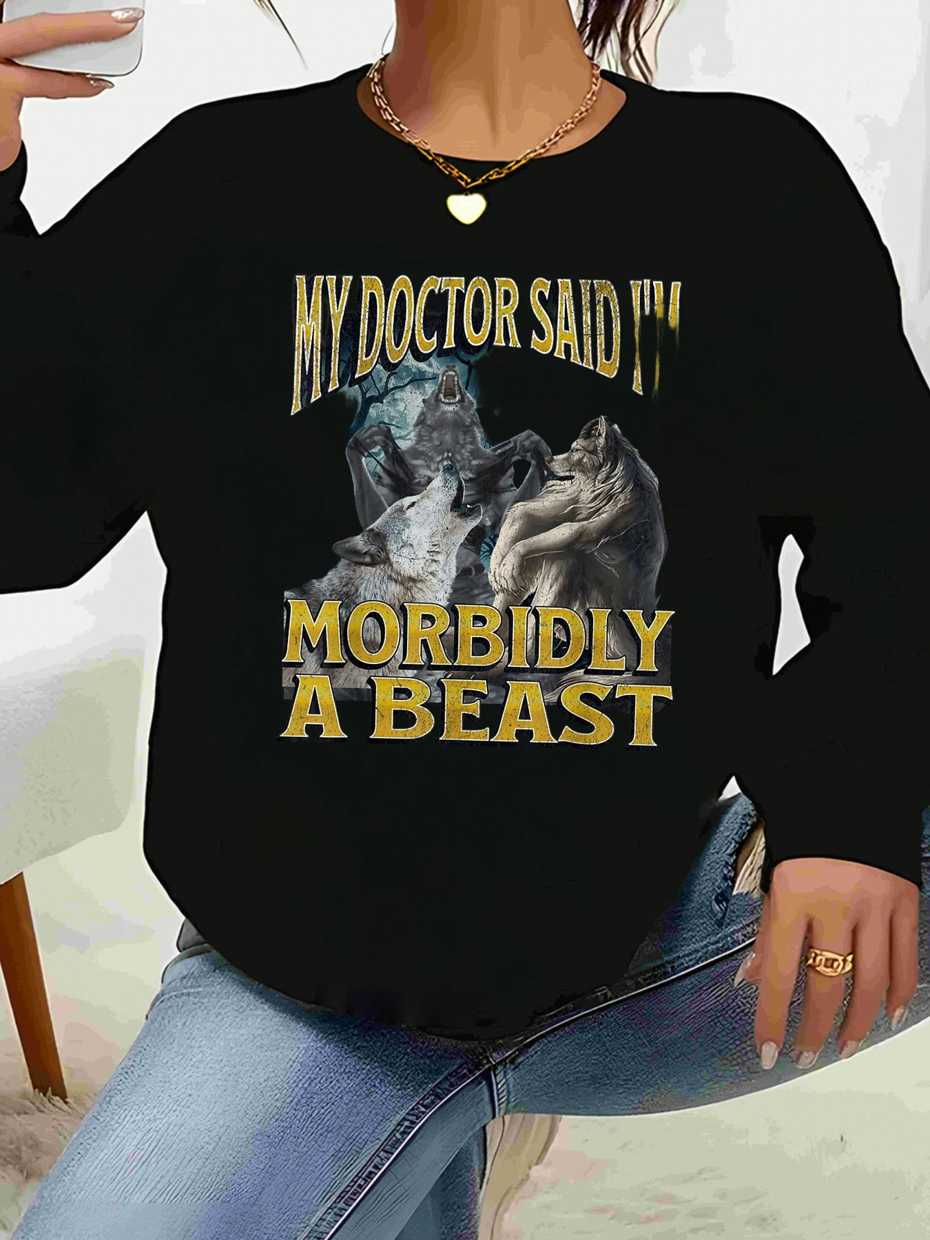 

Футболка с длинными рукавами и принтом волка My Doctor Said I'M Morbidly a Beast, повседневная женская одежда на Хэллоуин