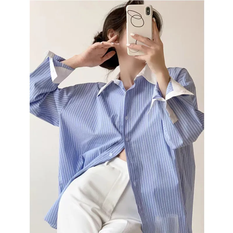 

Женская рубашка с длинными рукавами в сине-белую полоску, свободного кроя, универсальная, стройнящая, для весны и осени