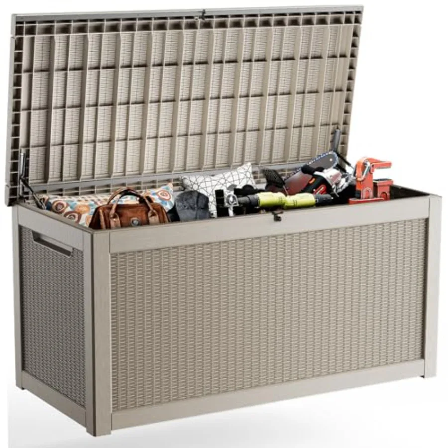 

Outdoor deck box for patio cushions and garden tools: waterproof resin storage box with lockable lid, gray color, UV-resistant